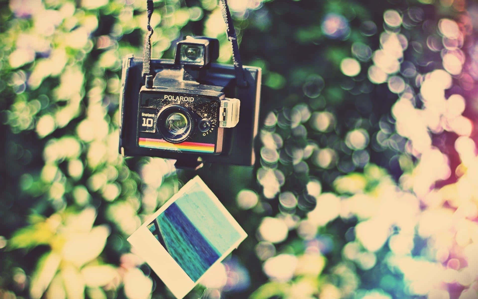 A Camera Hanging From A Tree With A Photo On It
