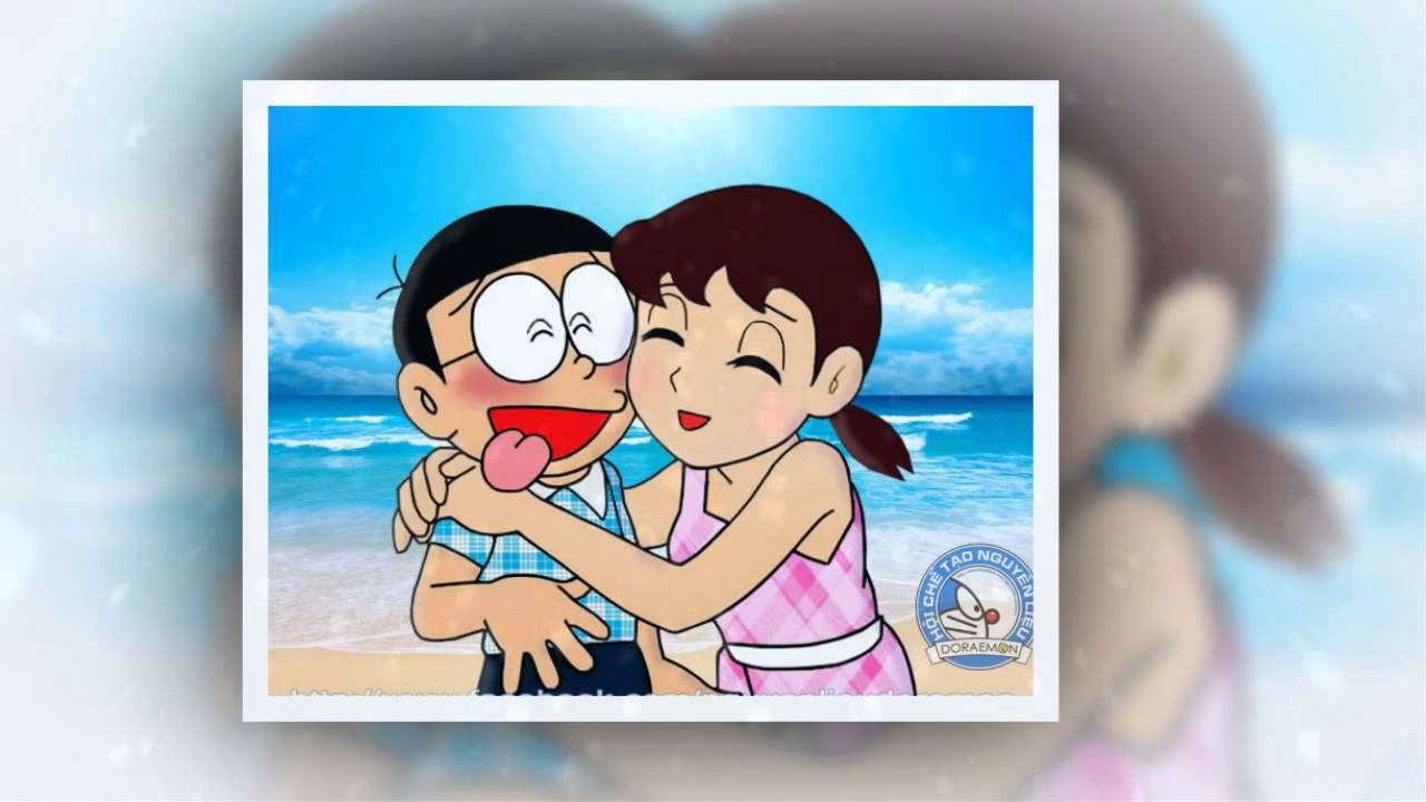 Polaroid Of Cute Nobita And Shizuka At Beach