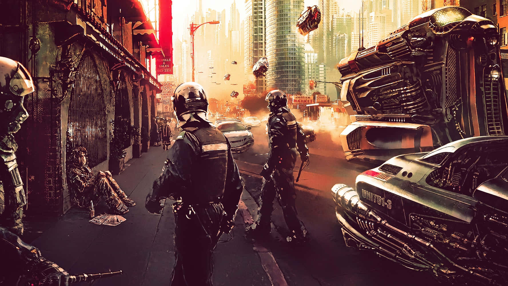 A City With A Group Of People In Futuristic Clothing