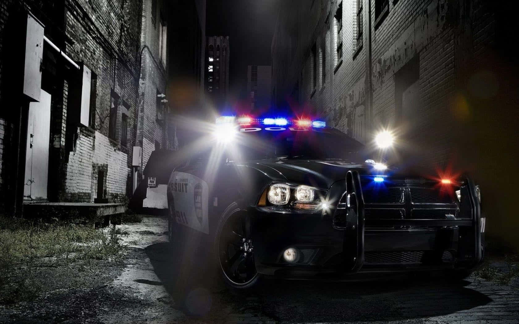 Unautomóvil De Policía Moderno Con Luces Azules Intermitentes.