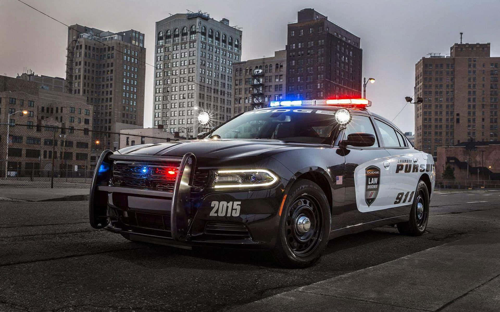 A Police Car Is Parked In Front Of A City