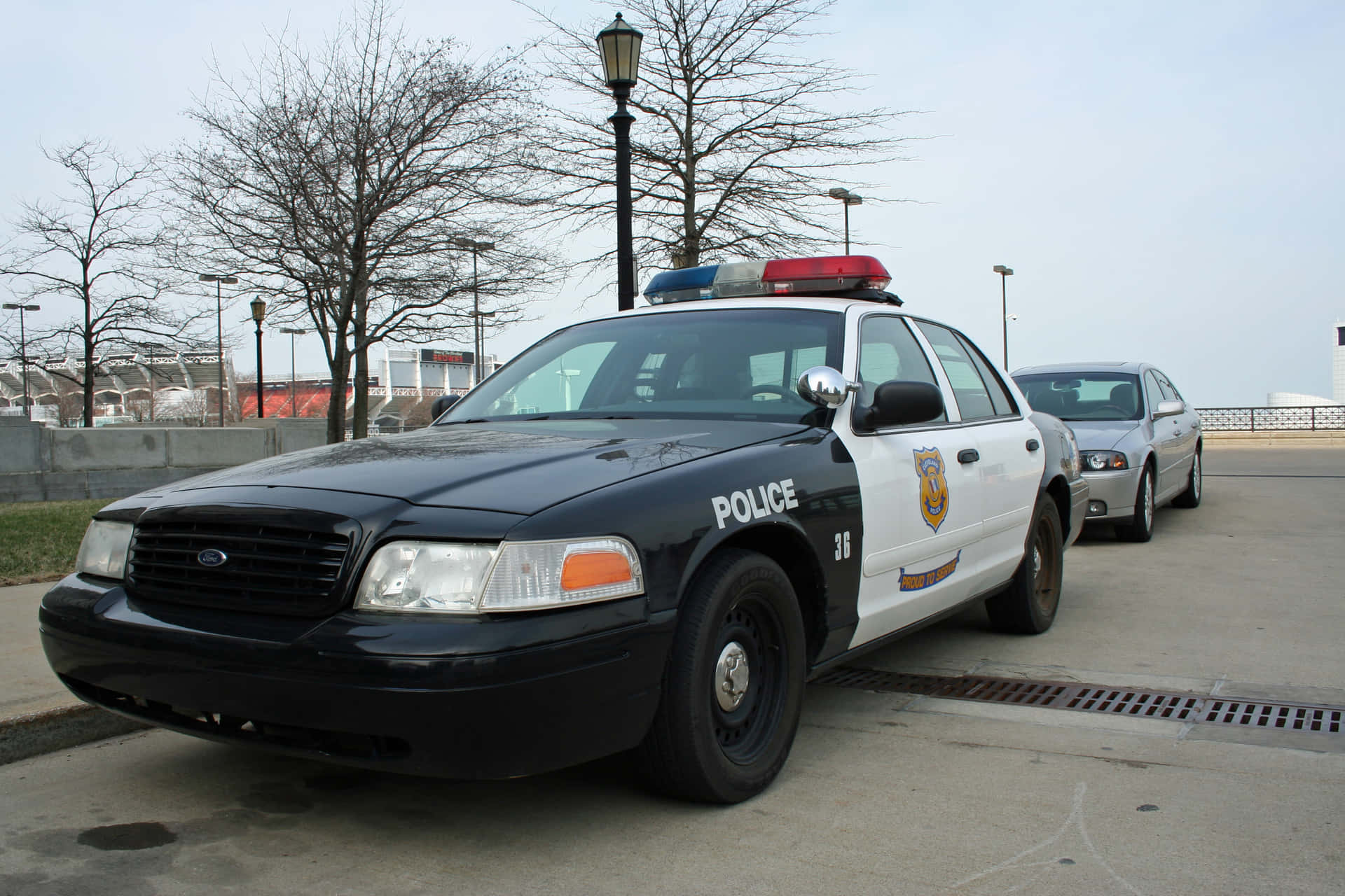 A police car patrolling the streets.