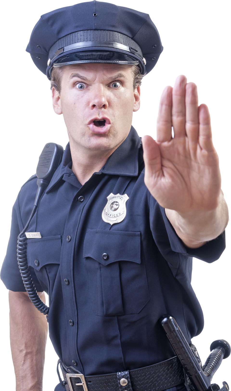 Policeman Gesturing Stop PNG — A startled police officer in uniform shouts with wide eyes and holds up his hand in a stop gesture.