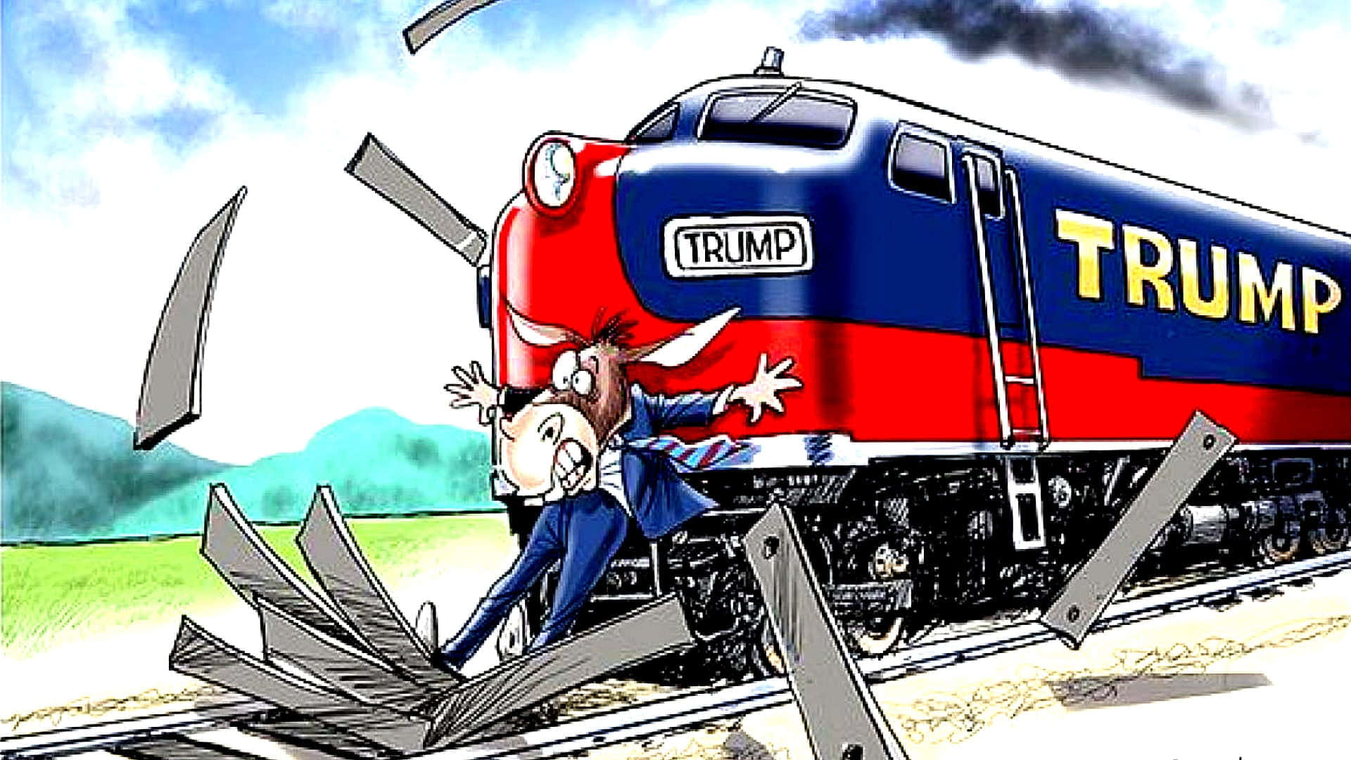 Einekarikatur Von Trump In Einem Zug.