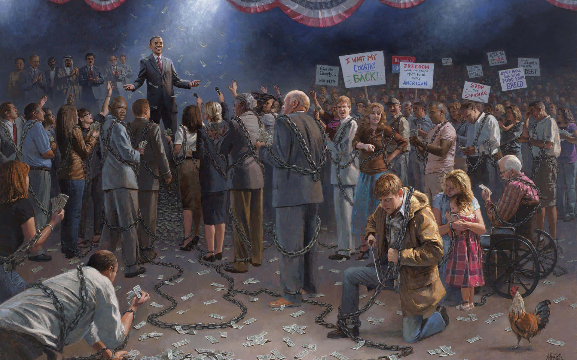 A Painting Of A Crowd Of People With Signs