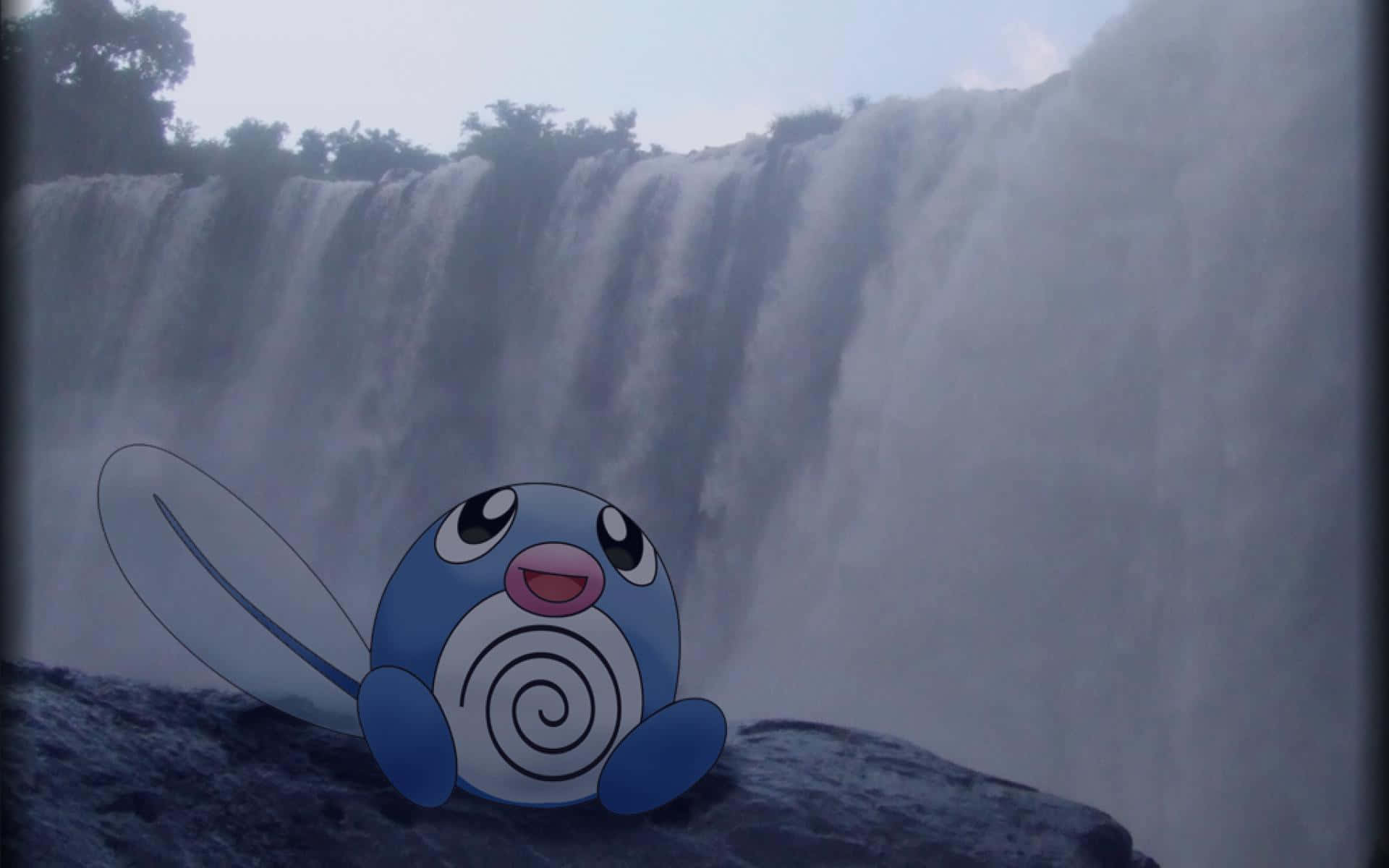 Poliwag Sitting On Rock Against Waterfalls Wallpaper