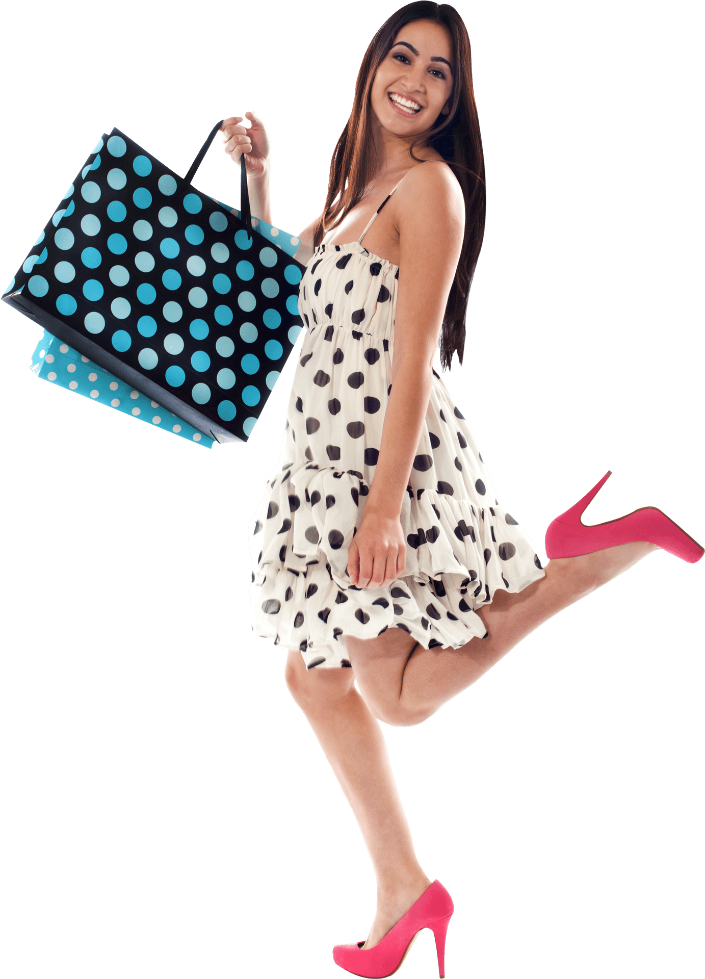 Polka Dot Dress Model With Colorful Bag PNG