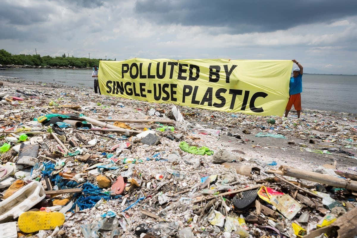 A Man Holding A Sign That Says Polluted By Single Plastic