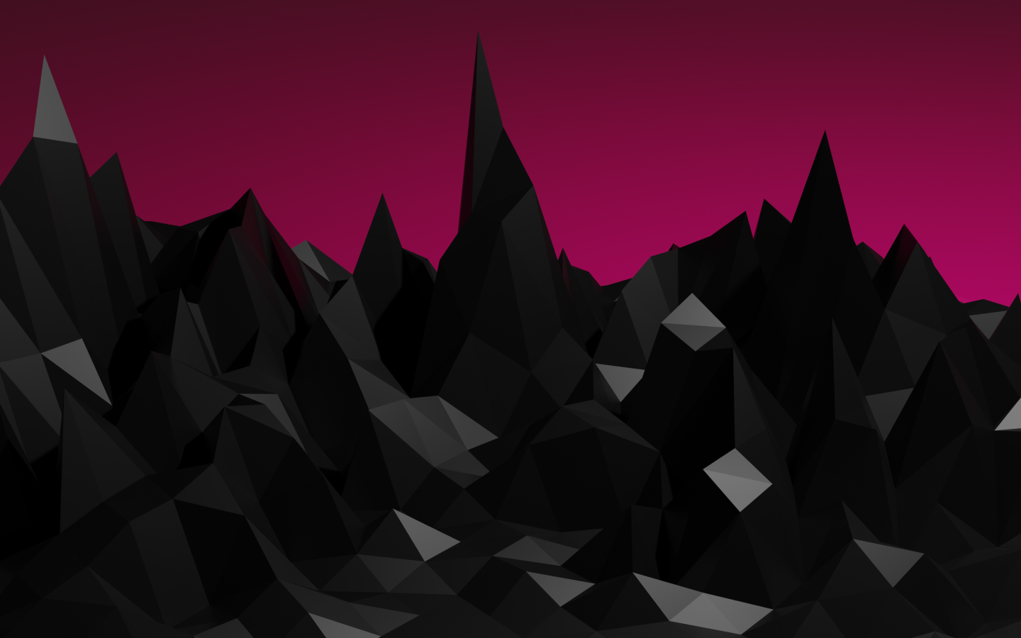 Bright and Abstract Polygon Background — A stylized low-poly mountain range in black and gray against a vibrant magenta sky.