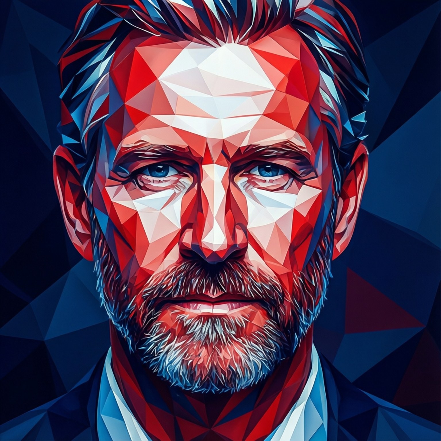 A man with a beard and intense eyes in a geometric red and blue digital portrait.