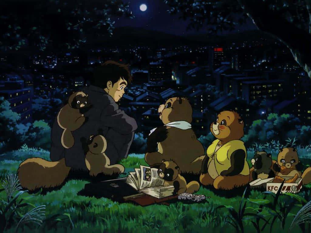 A whimsical scene from Pom Poko featuring raccoon dogs with their magical shape-shifting powers. Wallpaper