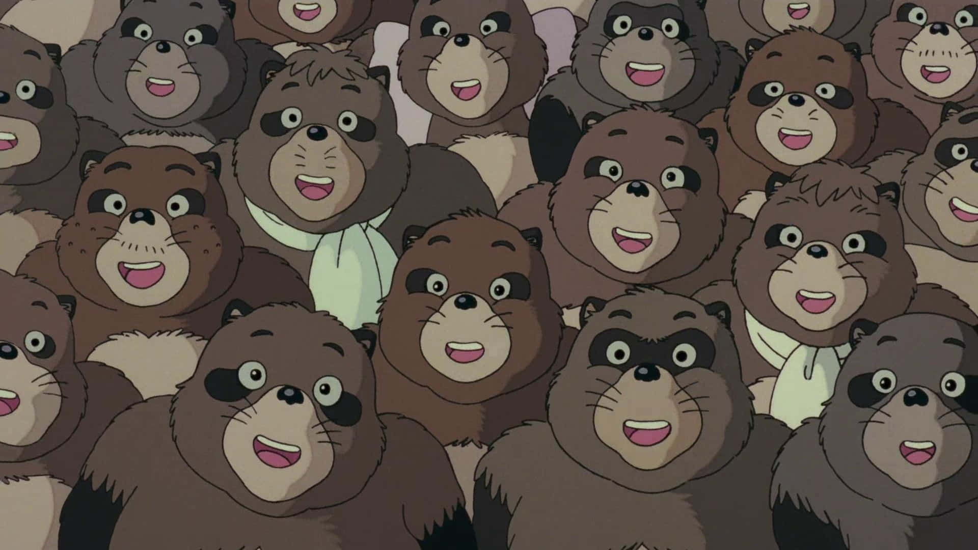 Pom Poko characters celebrating on the hill Wallpaper