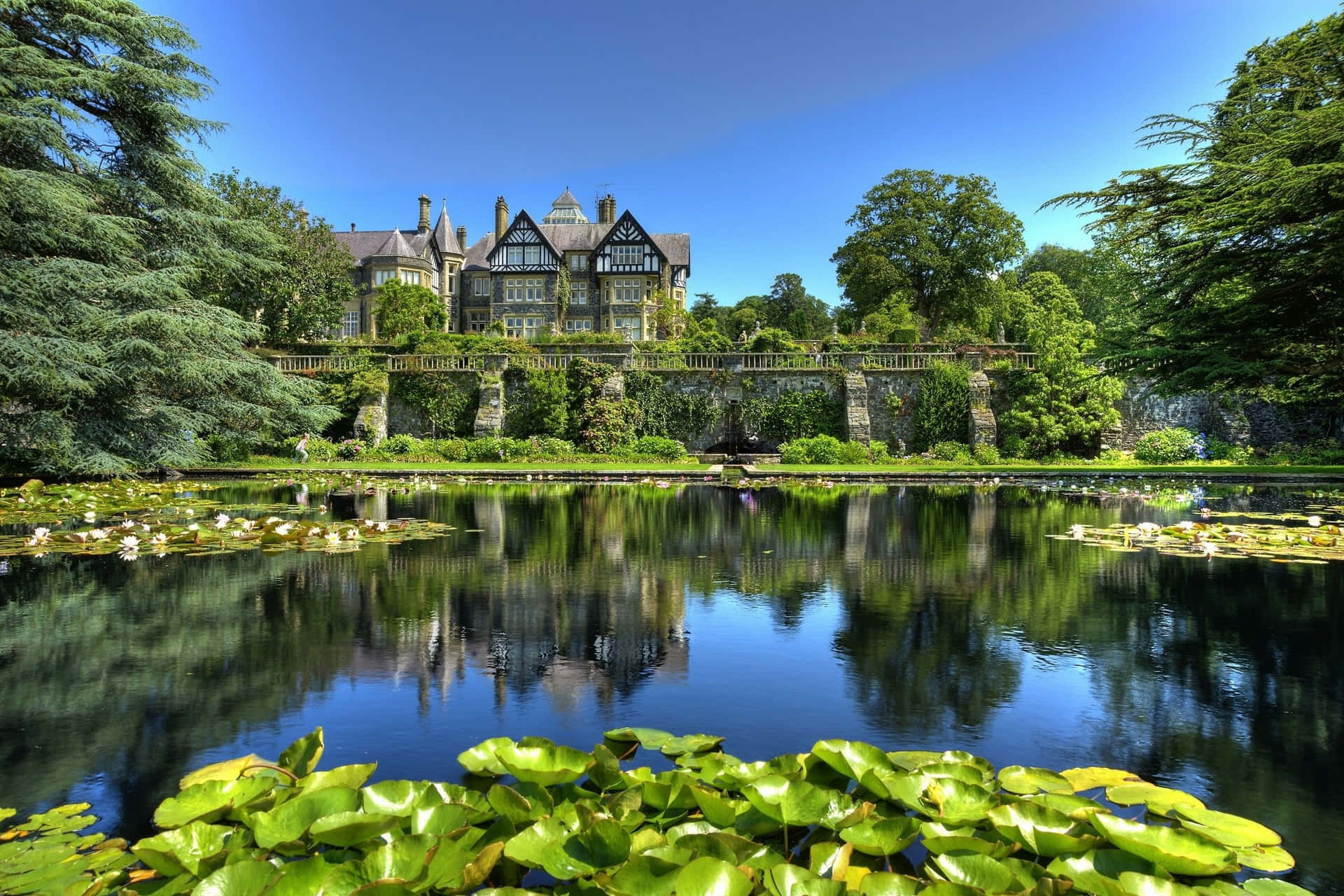 A Large Mansion With A Pond And Lily Pads