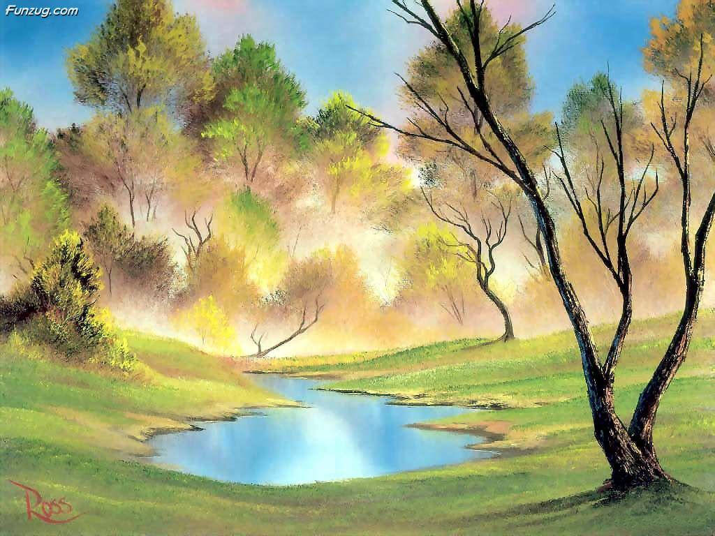 Pond And Trees Painting Desktop Wallpaper