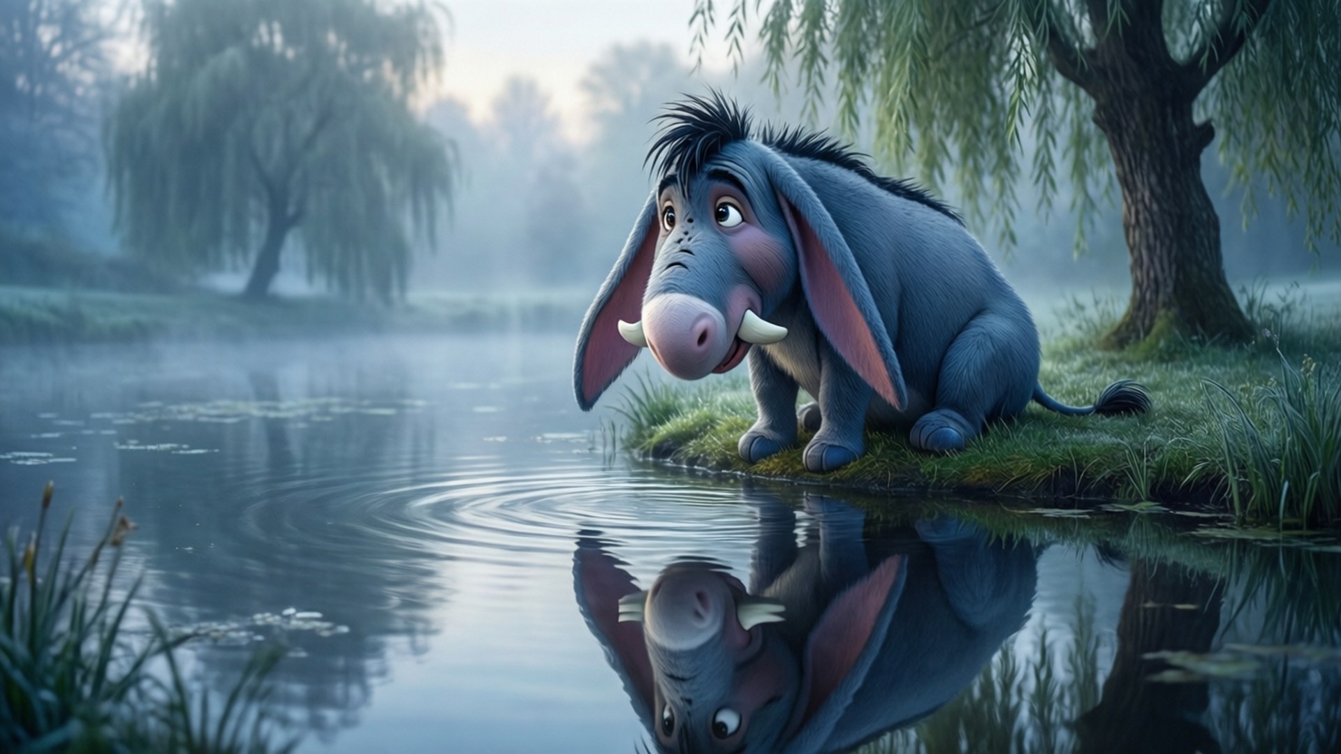 Pond Reflection Wallpaper — A blue cartoon elephant with large ears sits by a misty pond under weeping willows, its reflection rippling in the water.