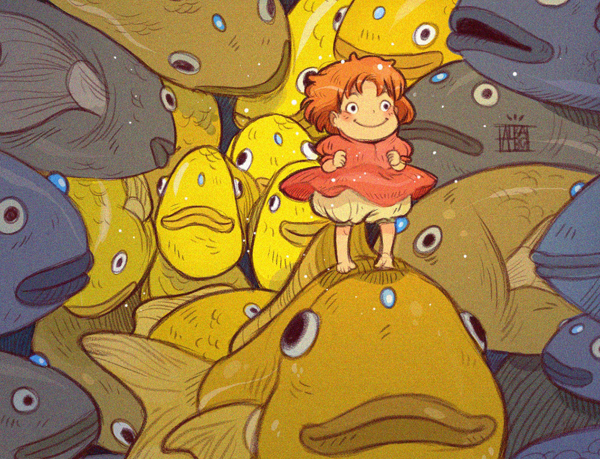 Ponyo With Fishes Drawing Wallpaper