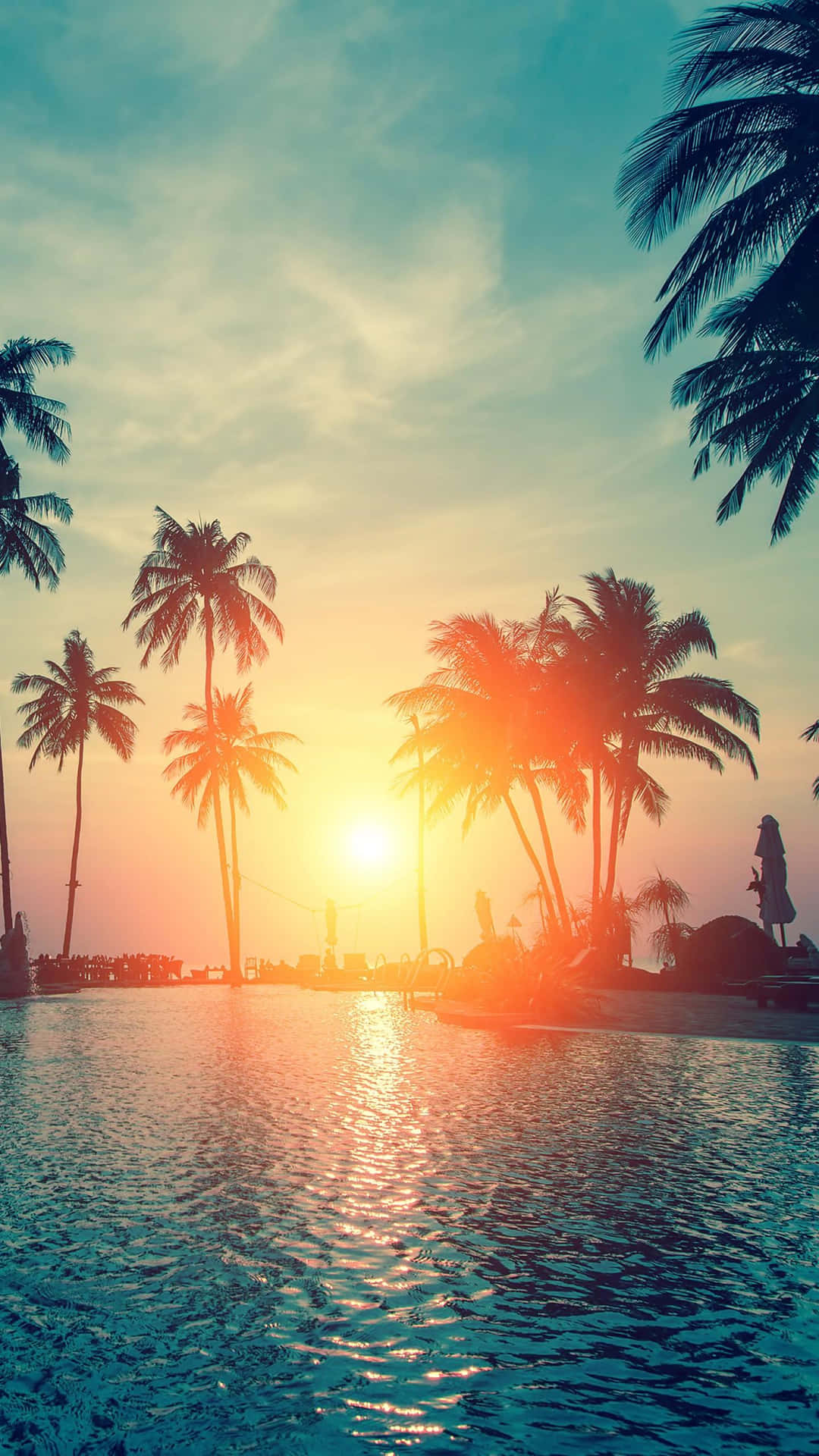 Pool Sunset With Palm Tree Wallpaper