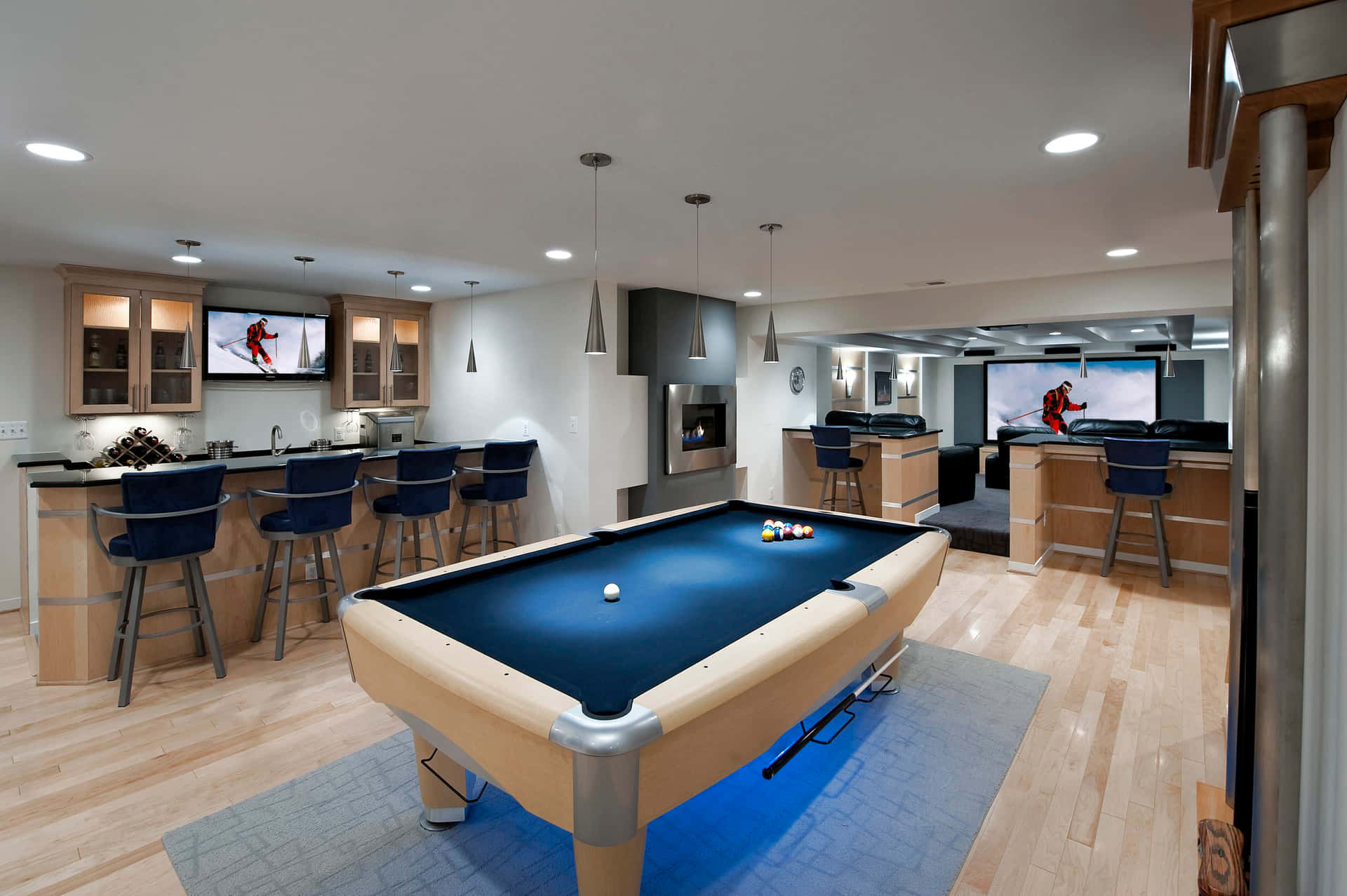 A Pool Table In A Home With A Television