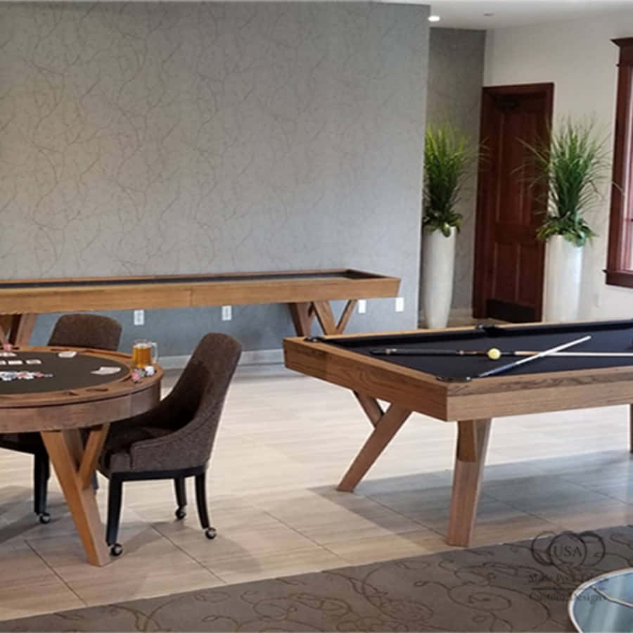 A Pool Table And A Table With Chairs