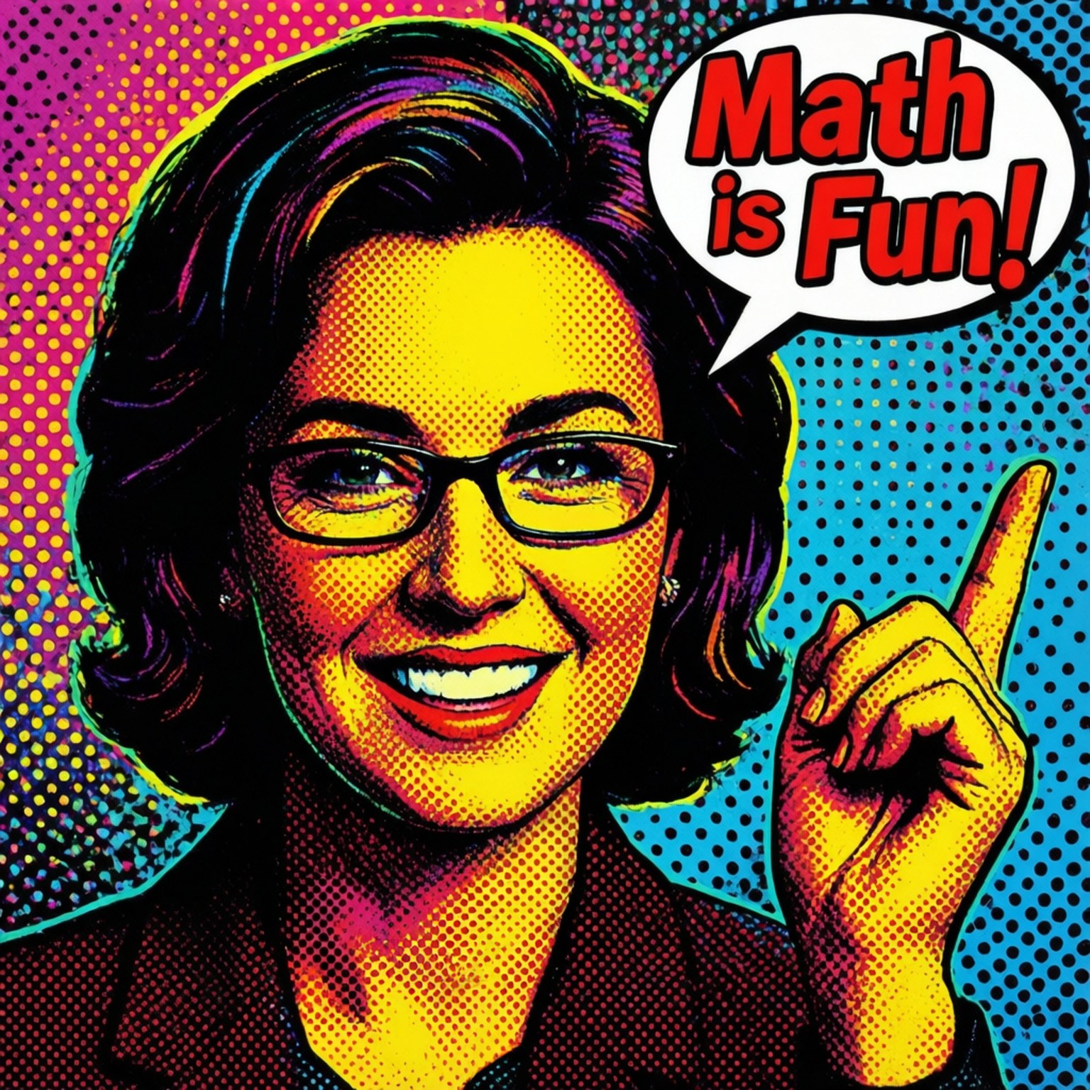 A pop art wallpaper of a math teacher with a speech bubble in Warhol style.