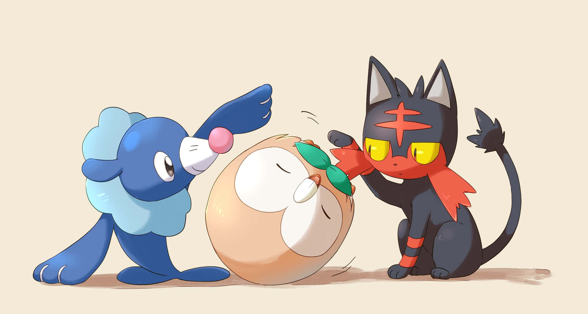 Popplio And Litten Playing With Rowlet Wallpaper