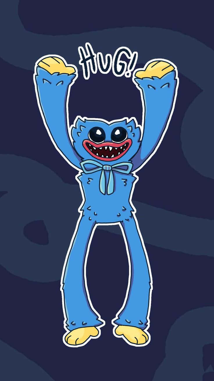 A Blue Cartoon Character With His Arms Up