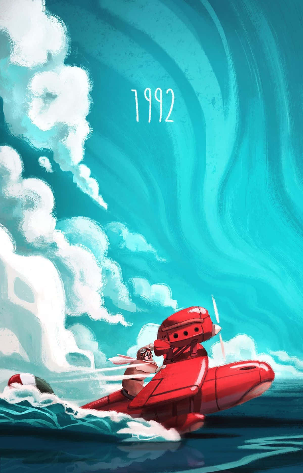 Porco Rosso flying over the ocean in his signature red plane Wallpaper