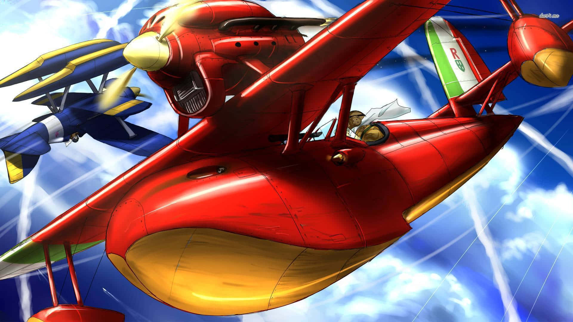 Porco Rosso soaring through the skies in his iconic red plane Wallpaper