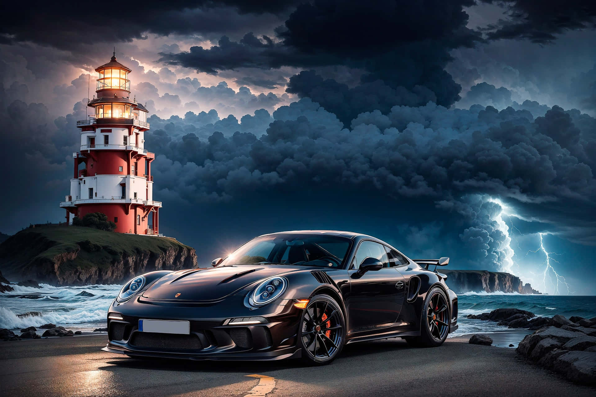 Porsche911 G T3 R S Lighthouse Storm Backdrop Wallpaper