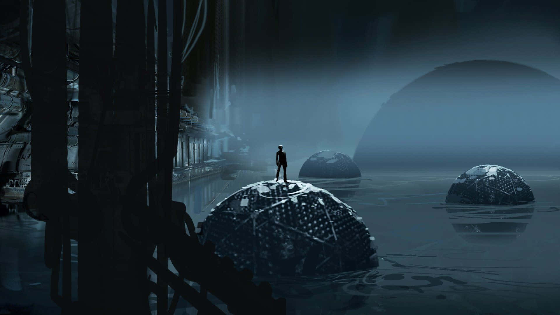 A Man Standing In A Dark Water With A Large Sphere