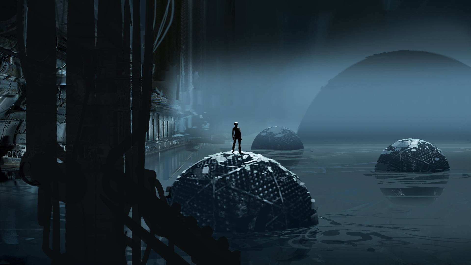 En mand står i et mørkt vandfyldt område. Wallpaper