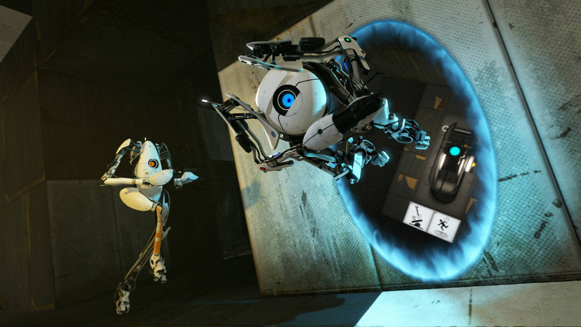 Portal 2-maskiner, Der Går Ud Af Portalen Wallpaper