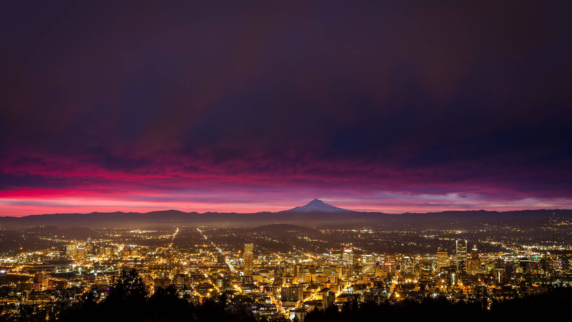 Portland Violet Sky Distant Volcano Wallpaper