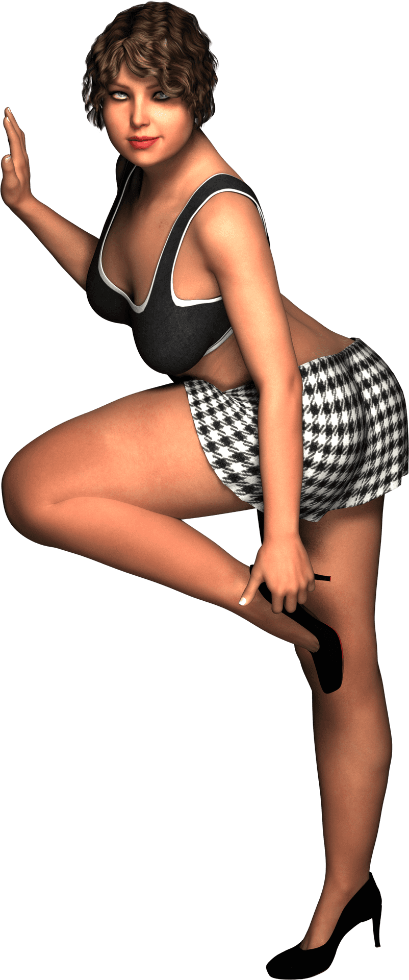 Posing_ Figure_in_ Checkered_ Skirt_and_ Black_ Top PNG