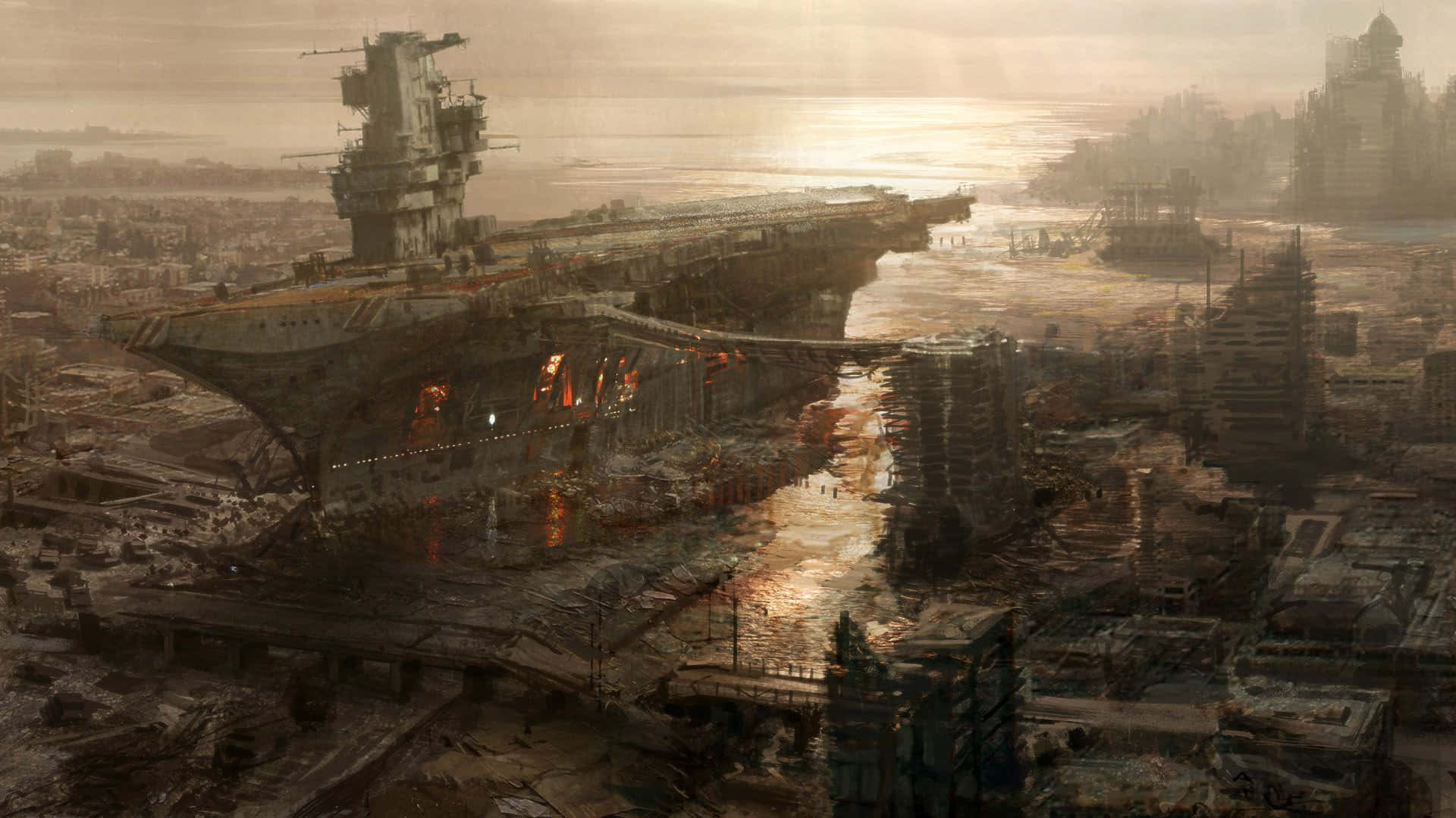 Post Apocalyptic Aircraft Carrier Cityscape Wallpaper