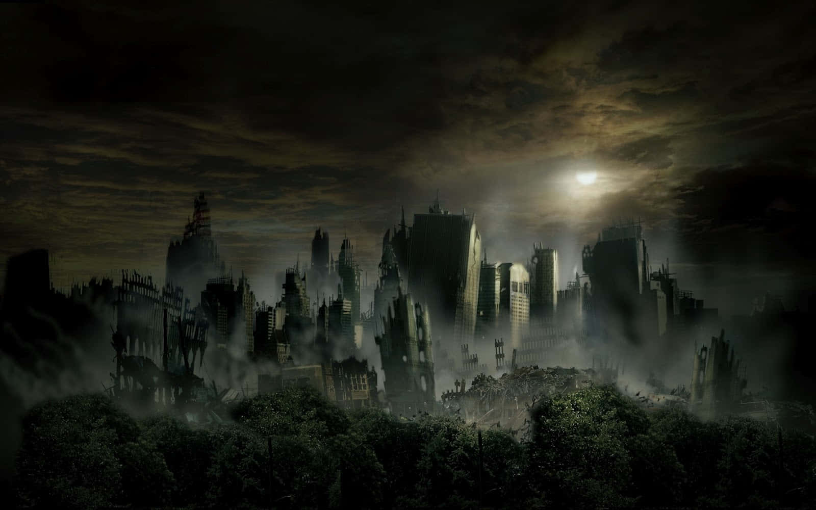 A Cityscape With A Dark Sky And Trees Wallpaper