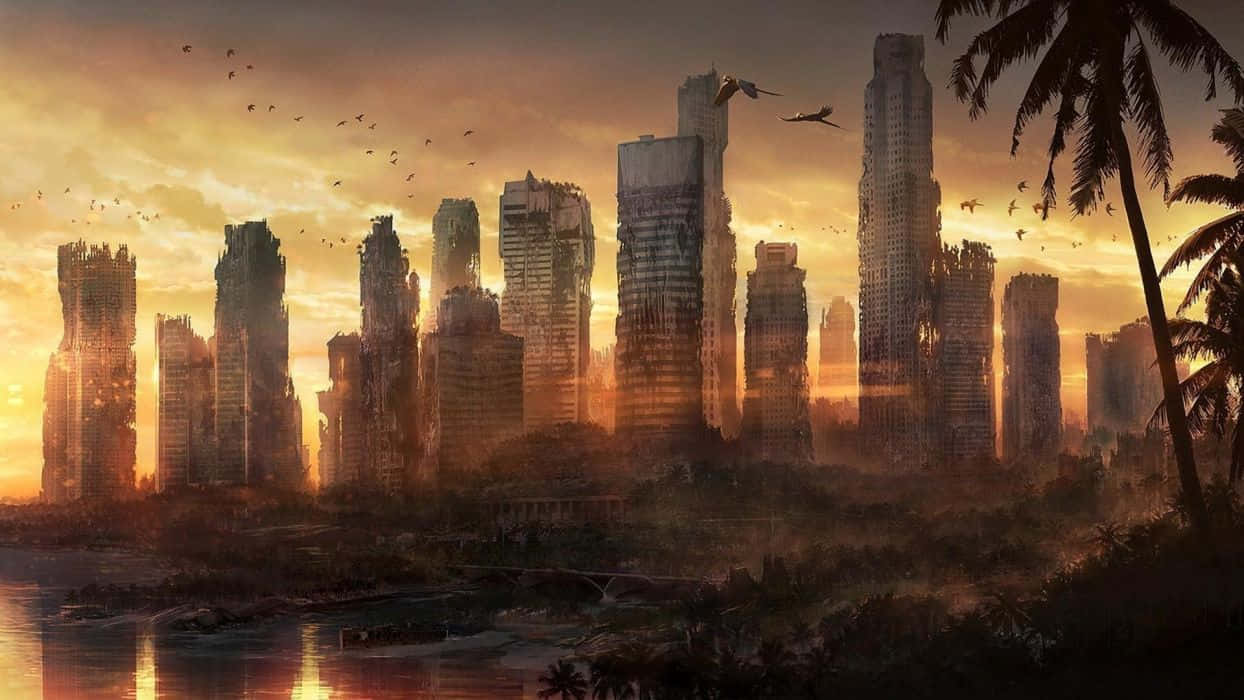 A City With A Sunset And Birds Wallpaper