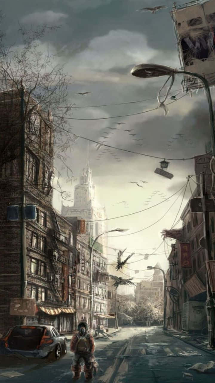 A City With A Lot Of Buildings And A Man Walking Wallpaper