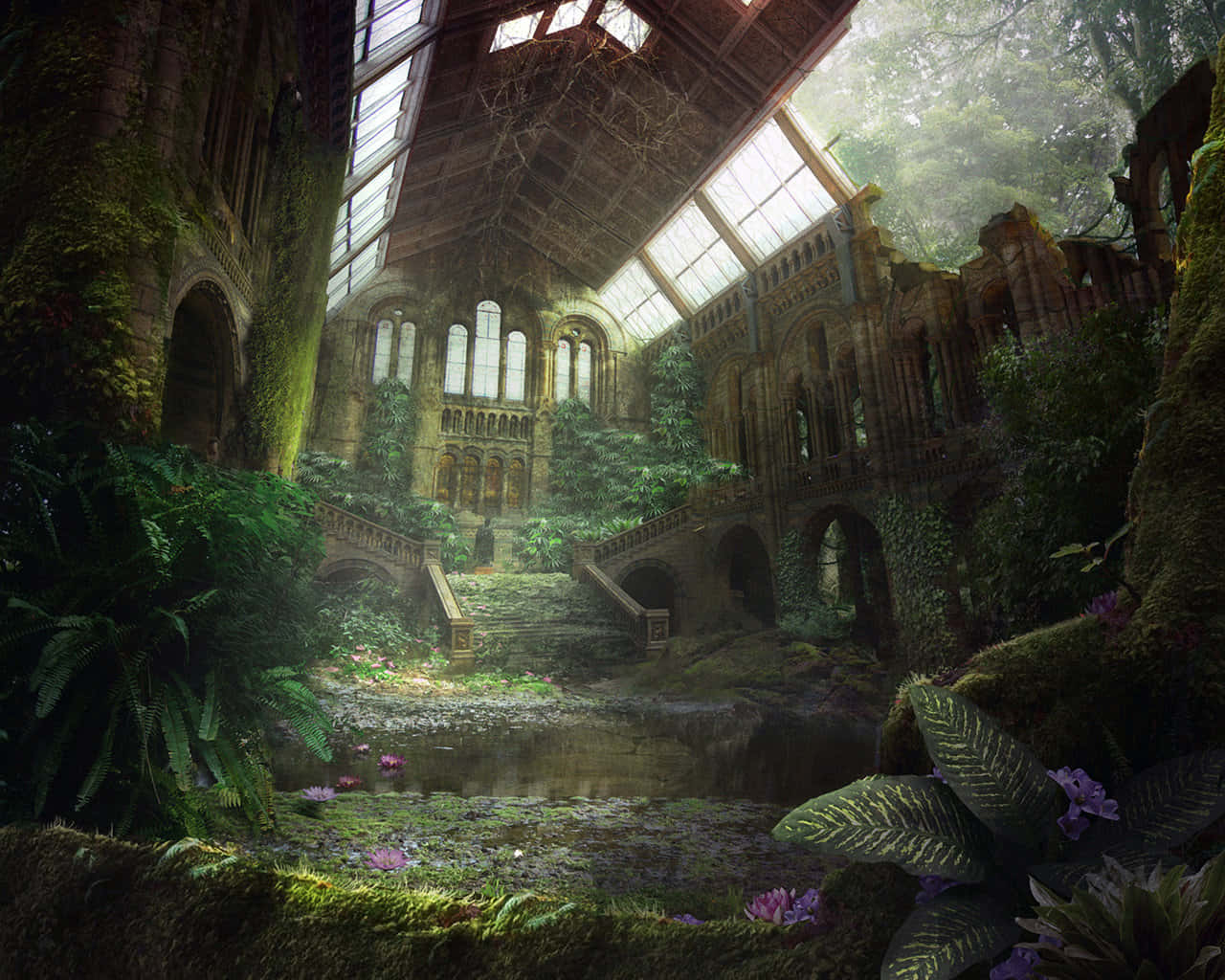 A Ruined Church With Moss And Trees Wallpaper