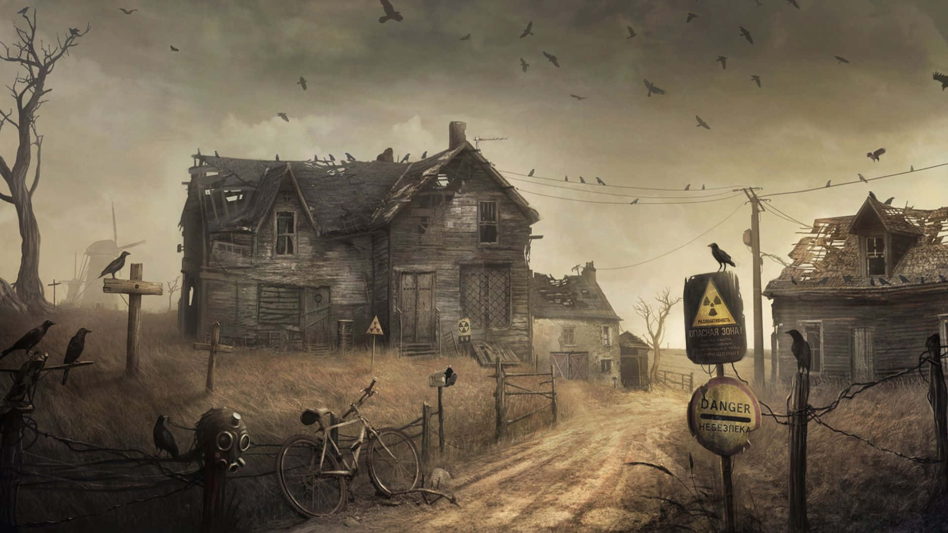 Et mørkt, uhyggeligt og skræmmende maleri af et hus og krager Wallpaper