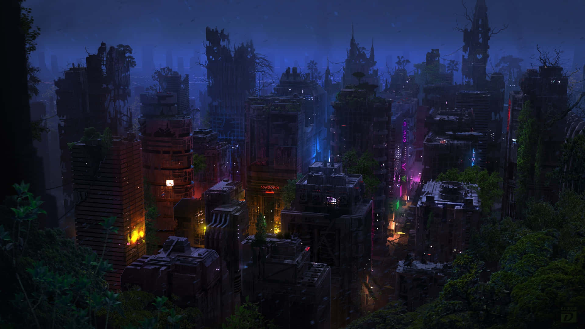 En by med træer og bygninger om natten. Wallpaper