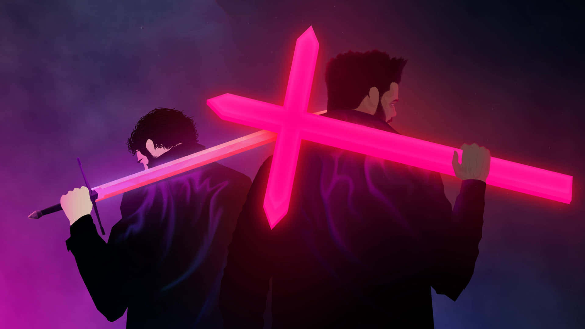 Two Men Holding A Pink Sword In Front Of A Dark Background