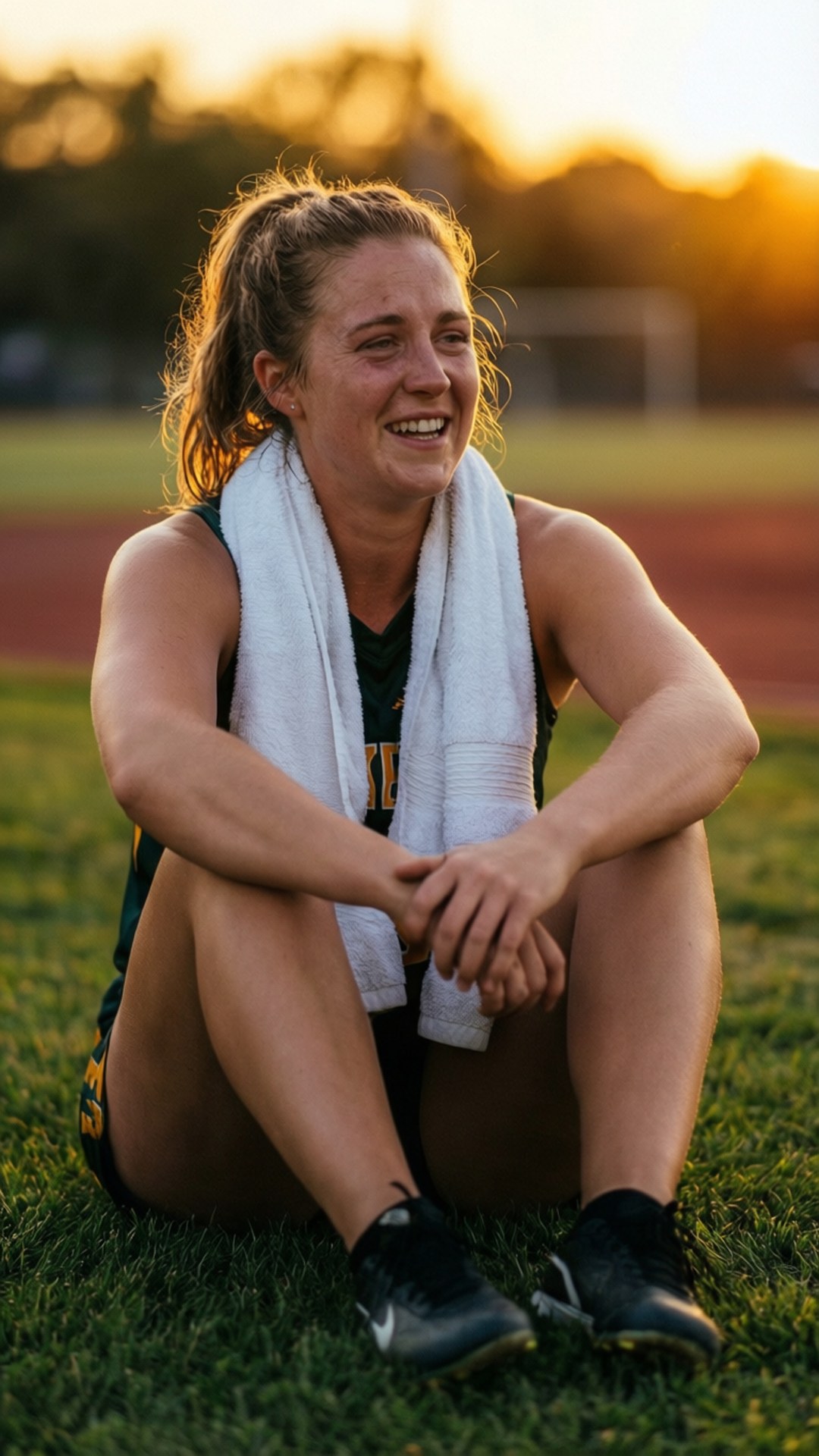 Mallory Swanson resting on grass after a game, sunset glow.