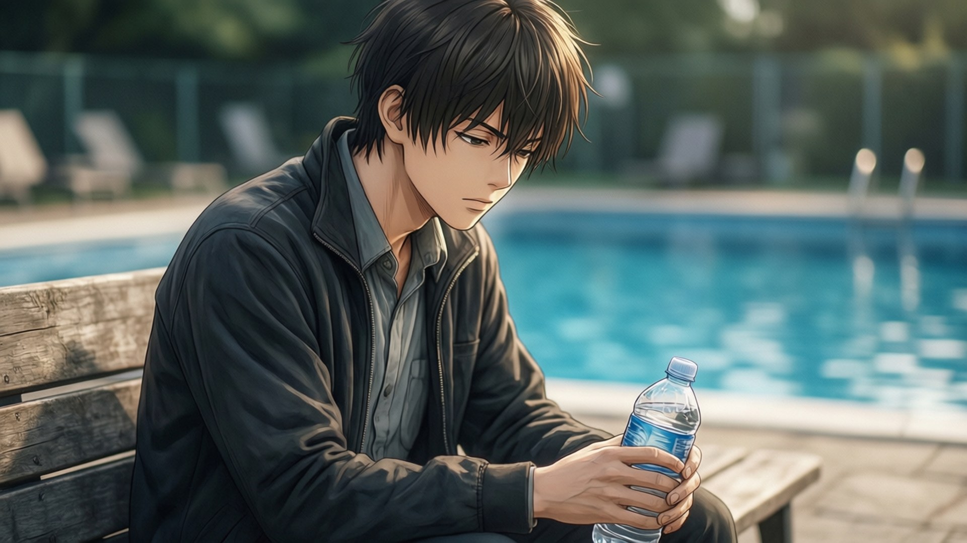 Kento Hinode beristirahat setelah latihan, pose santai, pencahayaan lembut menciptakan suasana damai.