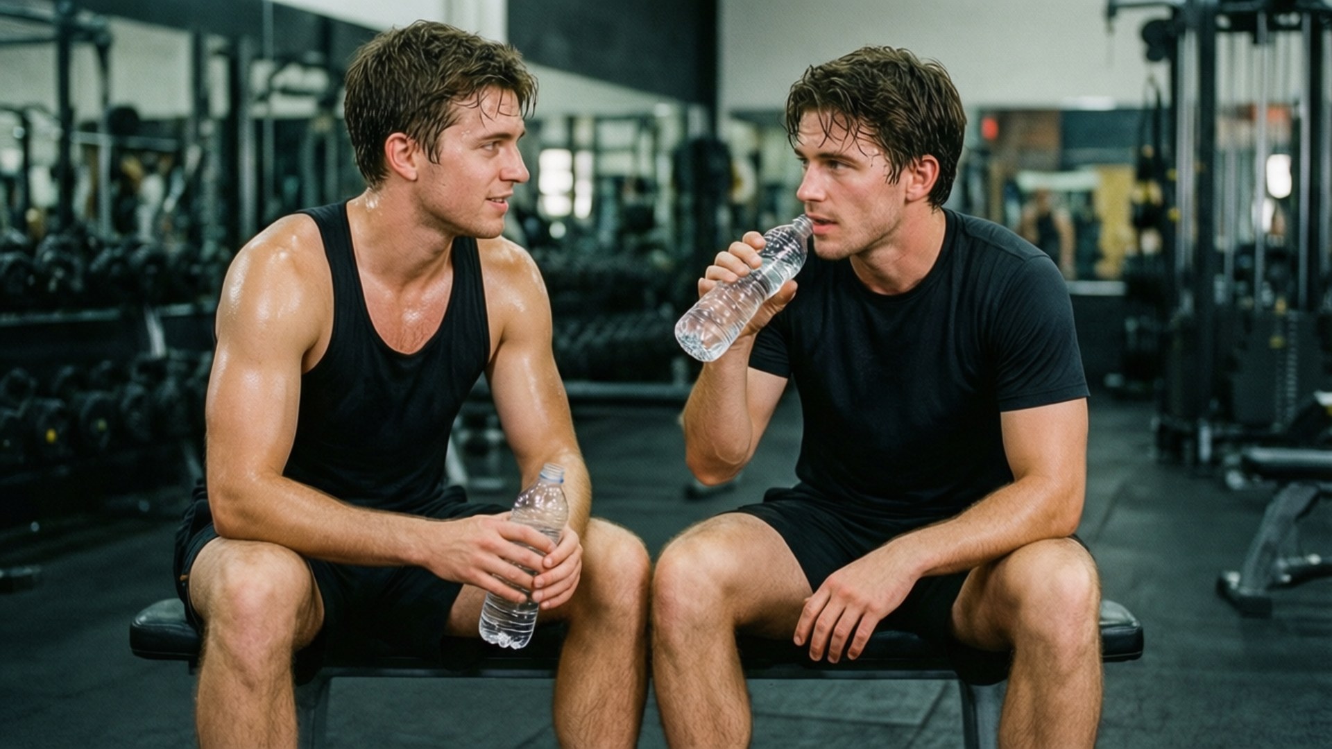 To atleter køler ned og snakker efter en intens træning i fitnesscentret.