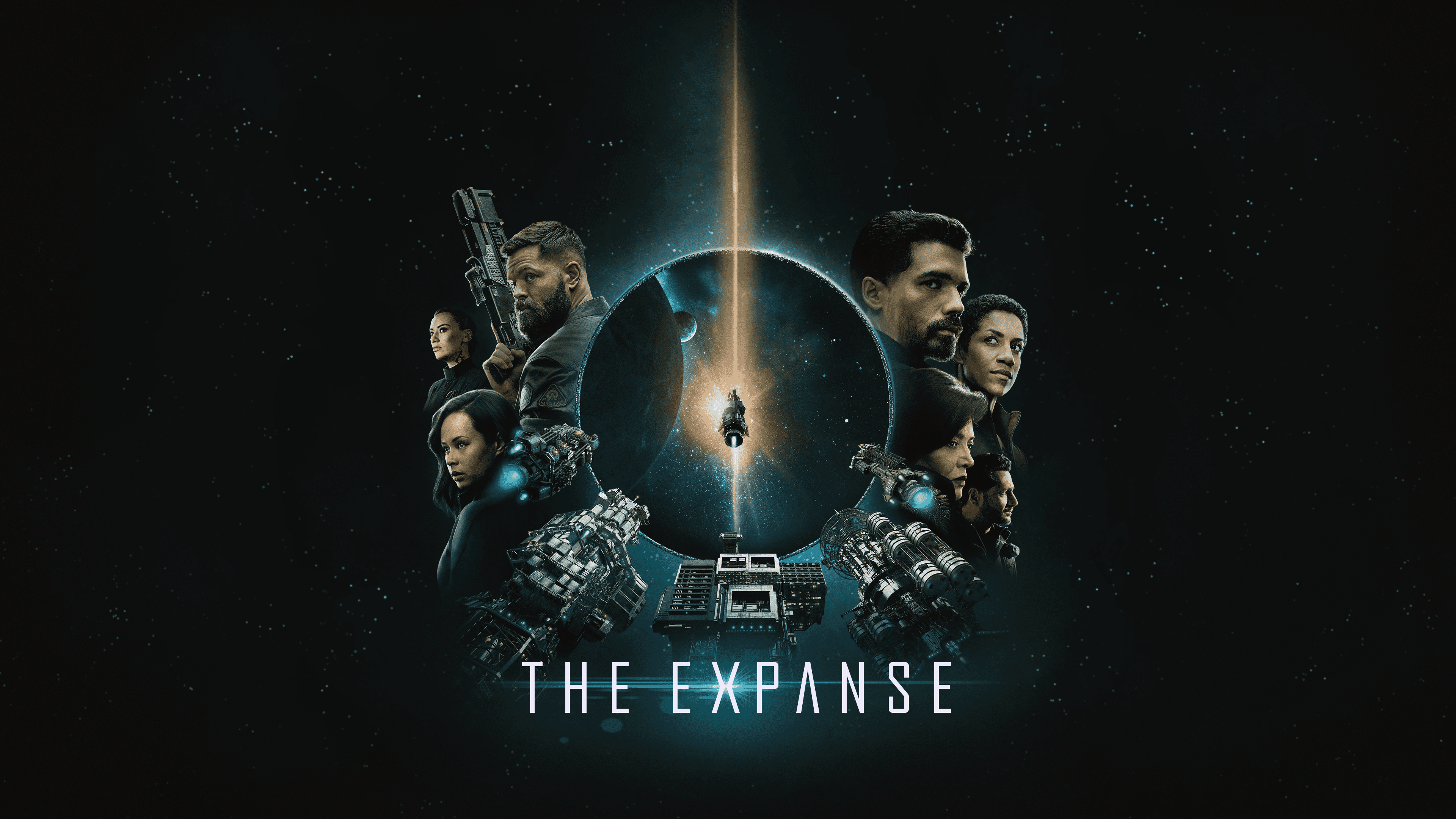 the expanse - tv series - tv series - tv series - tv series - tv Background — A sci-fi poster featuring six characters around a glowing planet with a spaceship in the center against a starry space backdrop.
