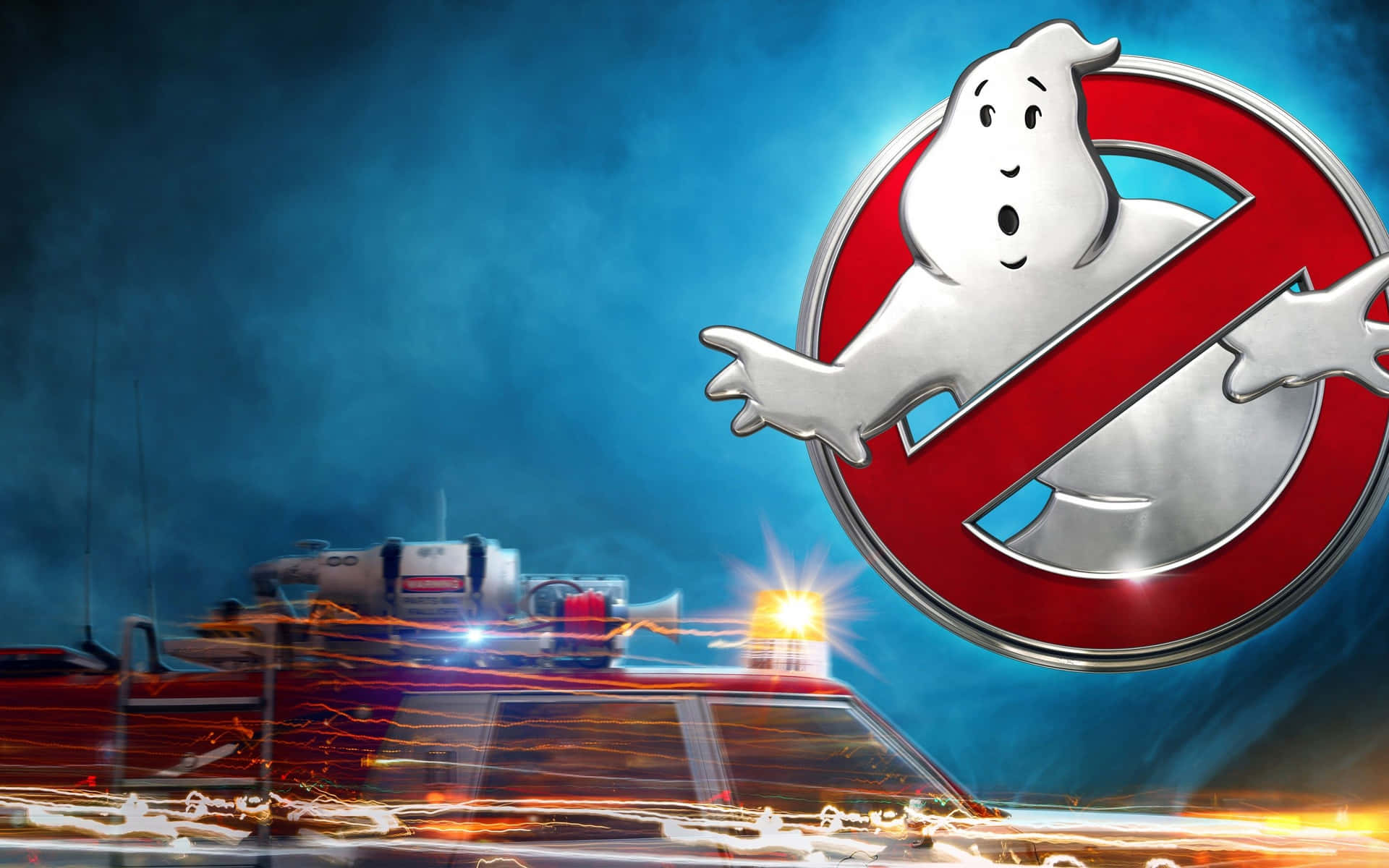 Ghostbustersum Logotipo De Caça-fantasmas Com Um Carro Ao Fundo