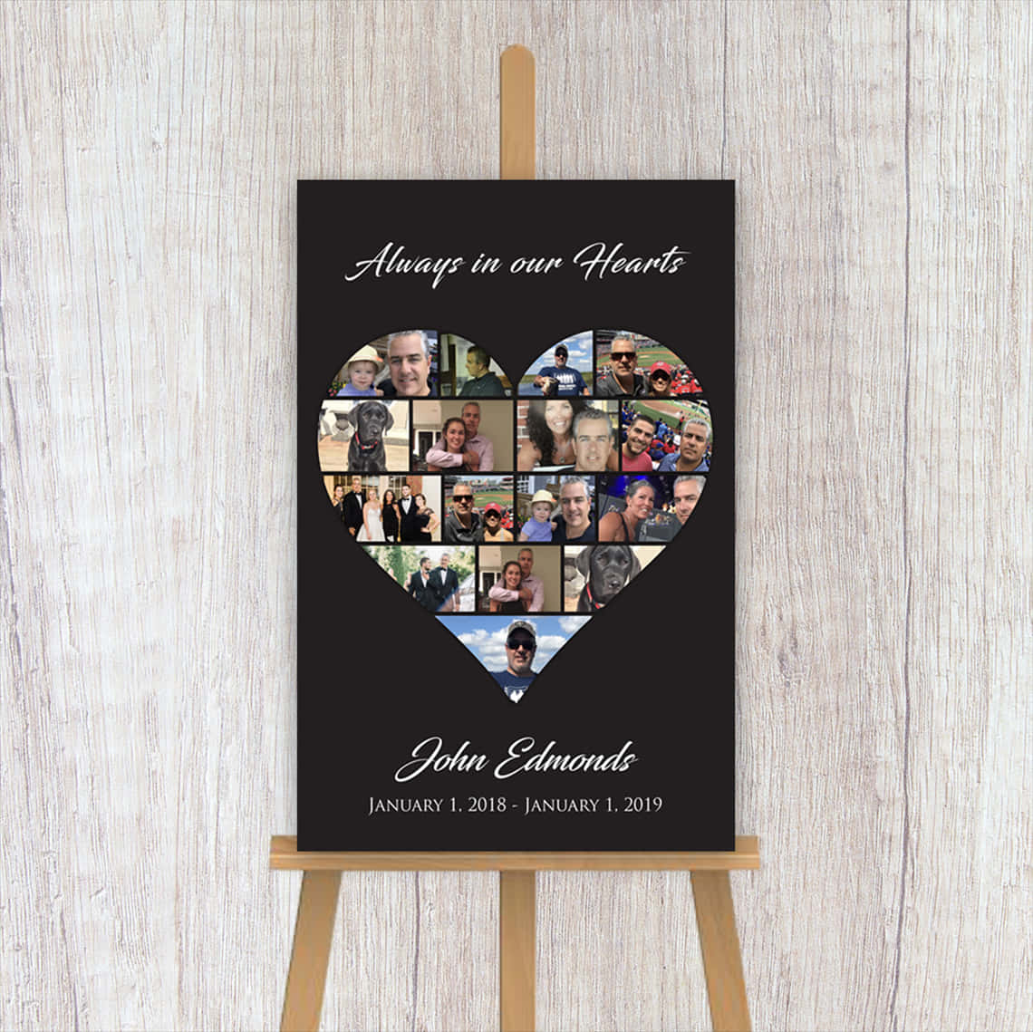 A Black Easel With A Heart Shaped Photo Collage