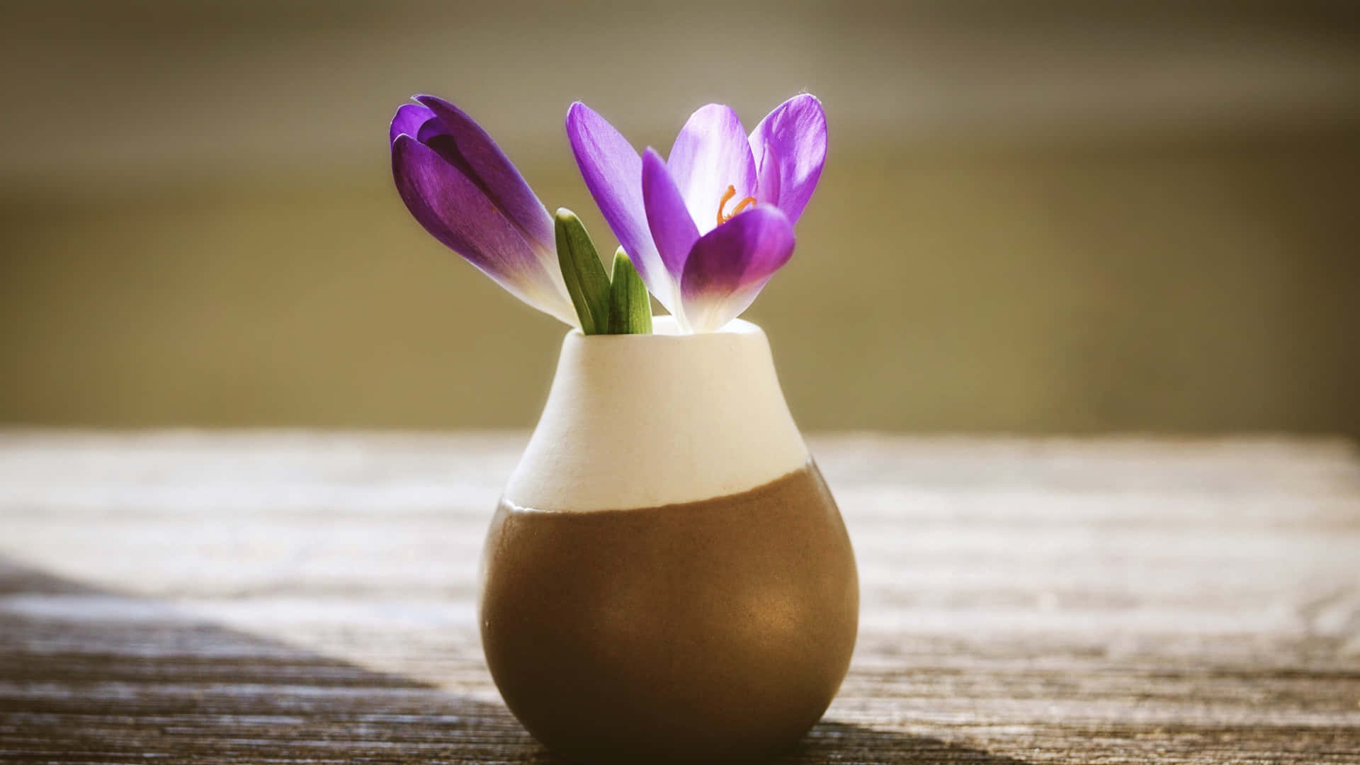 A Brown Vase With Purple Flowers In It