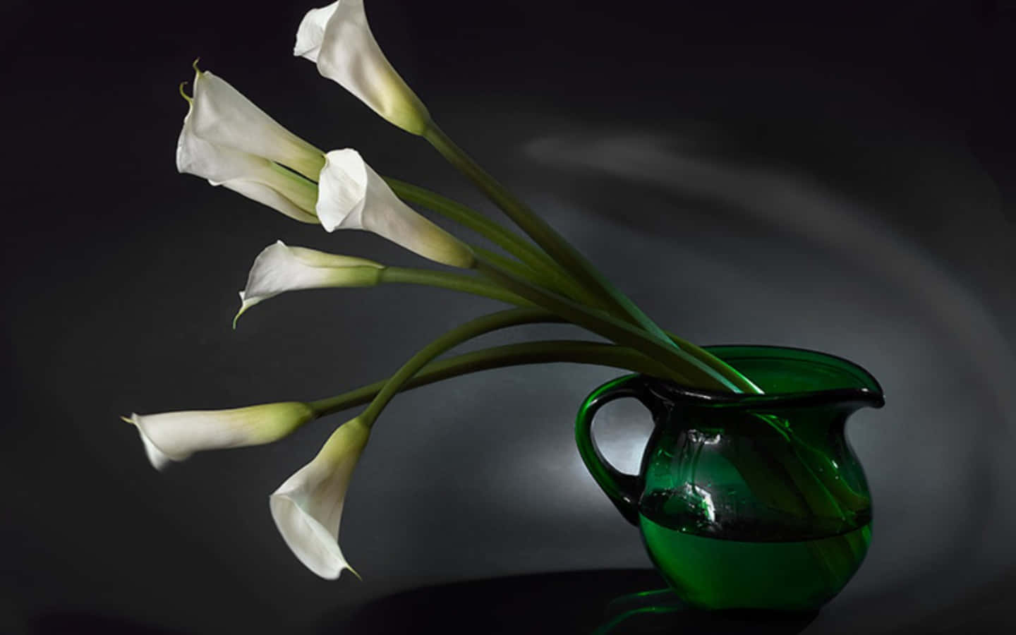White Calla Lilies In A Green Vase